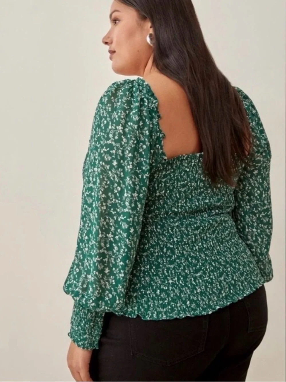 Reformation Green White Floral Ditsy Print Pinto Smocked Top Plus Size 1X